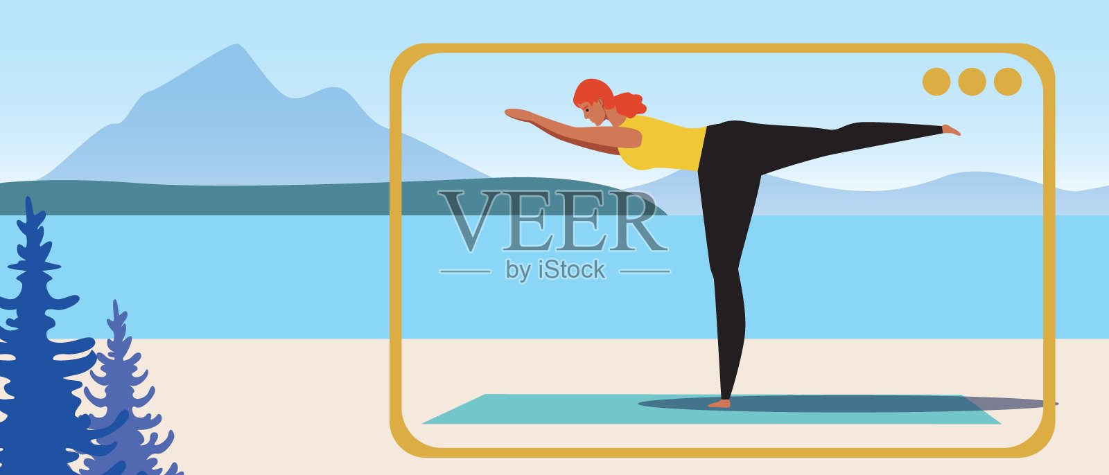 在山上的瑜伽在线，复制空间模板，平面矢量股票插图与女人做瑜伽体式和小工具的视频插画图片素材