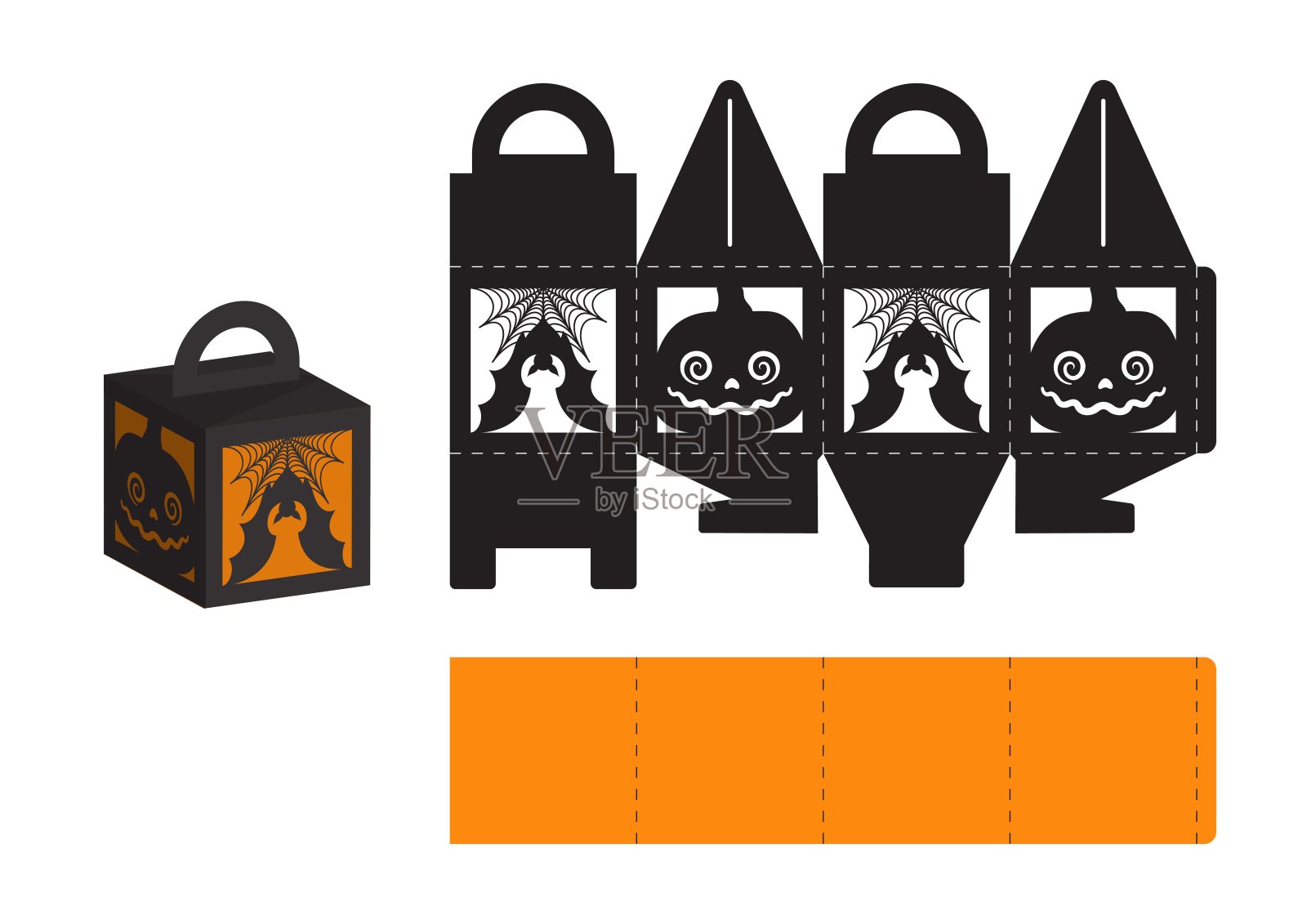 万圣节快乐糖果盒。礼品会喜欢糖果盒，糖果，小礼物，面包房。简单的包装模切模板激光切割，伟大的设计为任何目的，生日，婴儿淋浴。插画图片素材