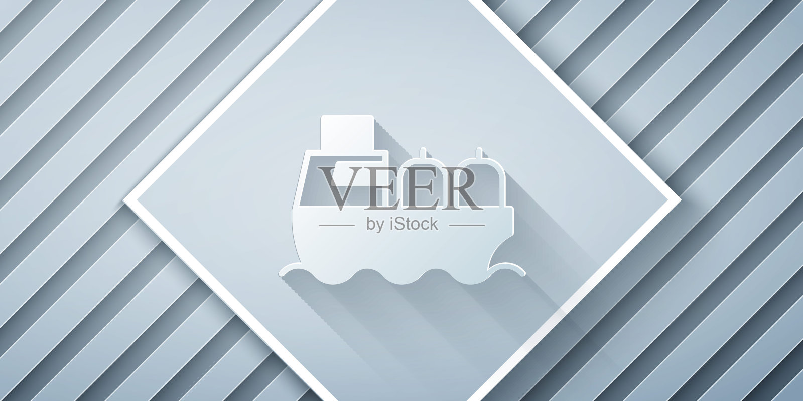 纸切割油船图标孤立的灰色背景。纸艺术风格。向量插画图片素材