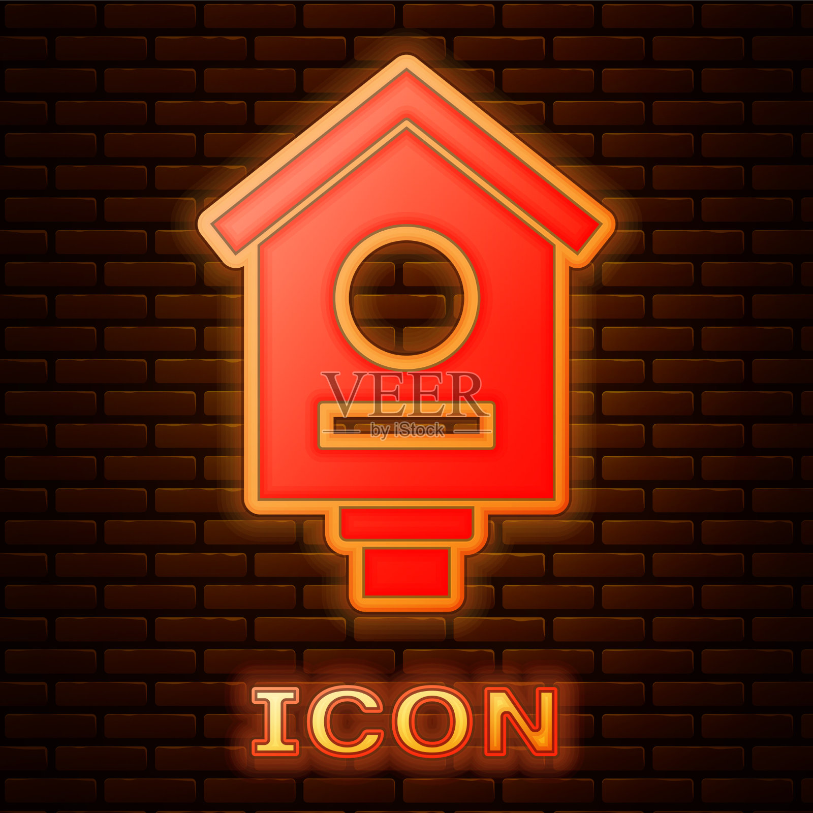 发光的霓虹灯鸟房子图标孤立在砖图标素材