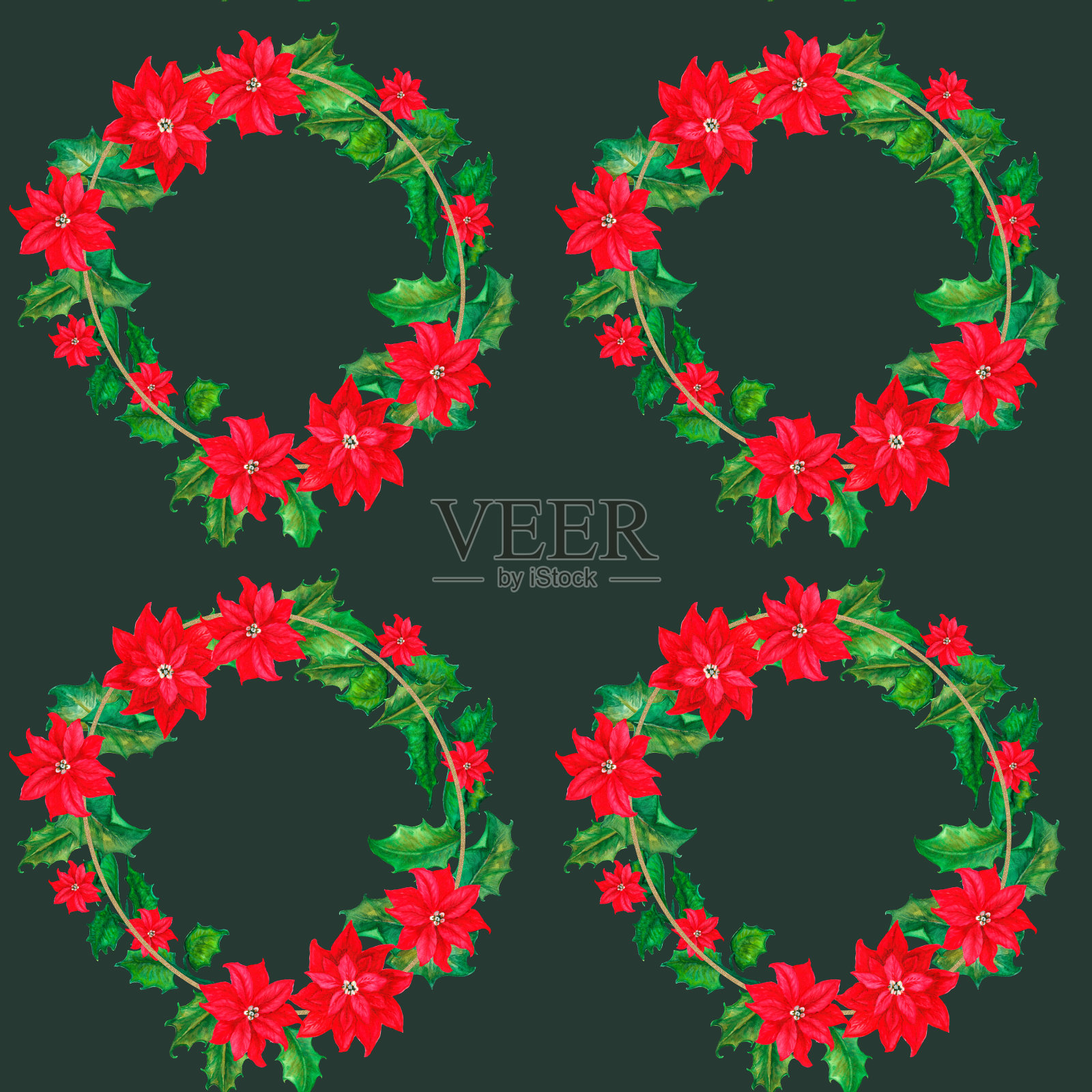 水彩节日无缝图案花环树枝红花。树的球果。水彩无缝模式，纸水彩手绘植物图案的设计，打印或背景。插画图片素材