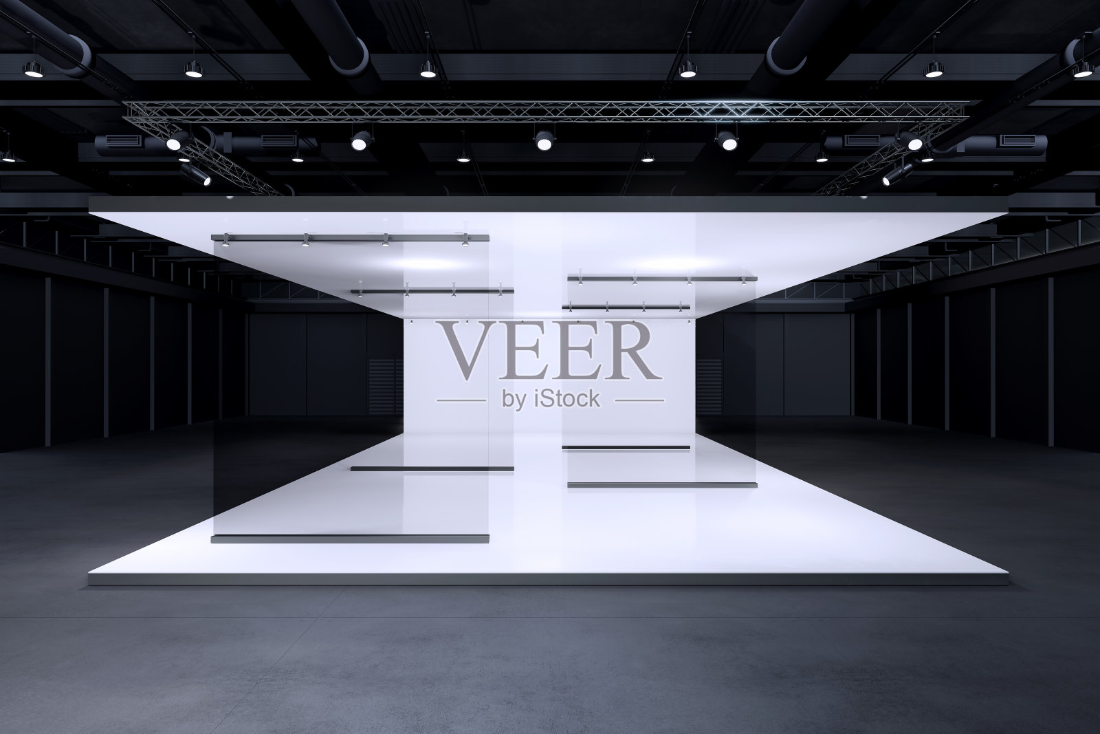 展示模型和企业形象的展台。空的展台设计。展厅零售展位设计元素。展位设计贸易展。空白展台系统图形资源。三维渲染。照片摄影图片