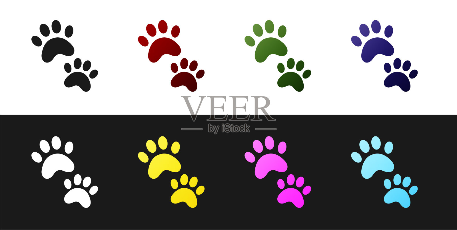 设置爪印图标隔离在黑色和白色图标素材