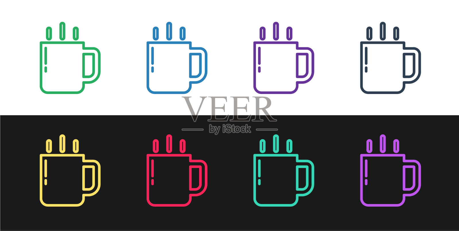 设置线咖啡杯图标孤立在黑色和图标素材