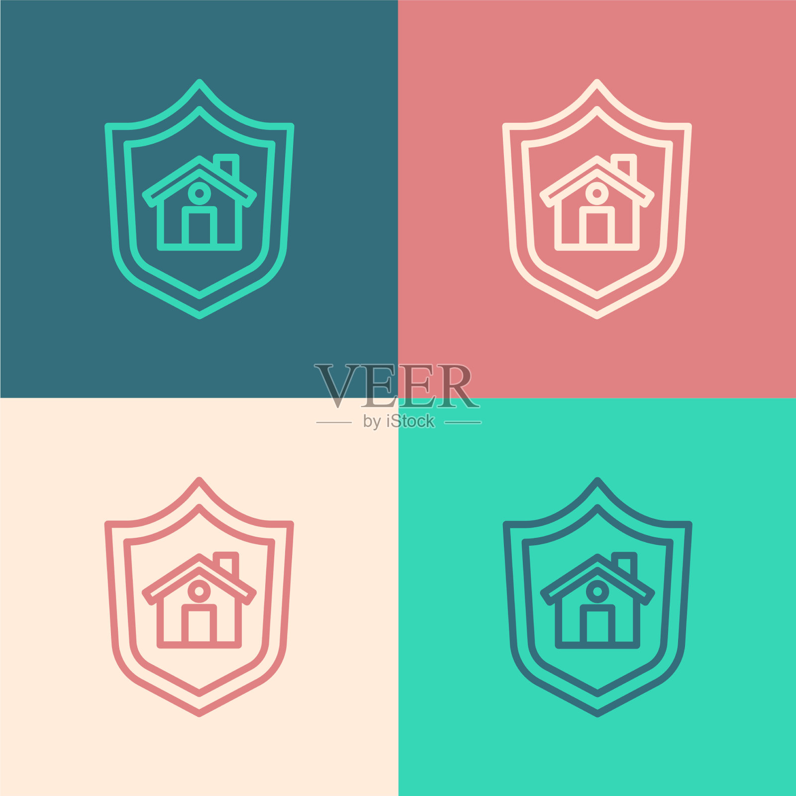 波普艺术线房子与盾图标孤立上插画图片素材