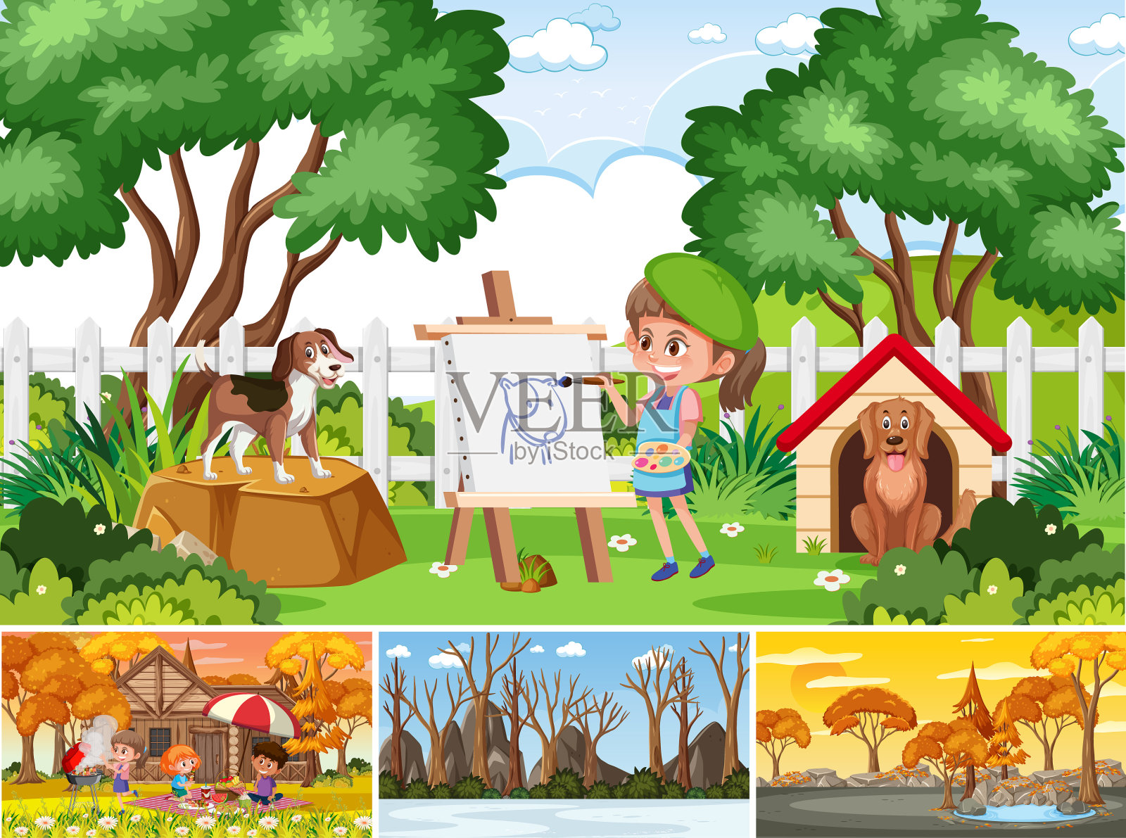 四个不同的场景与儿童卡通插画图片素材