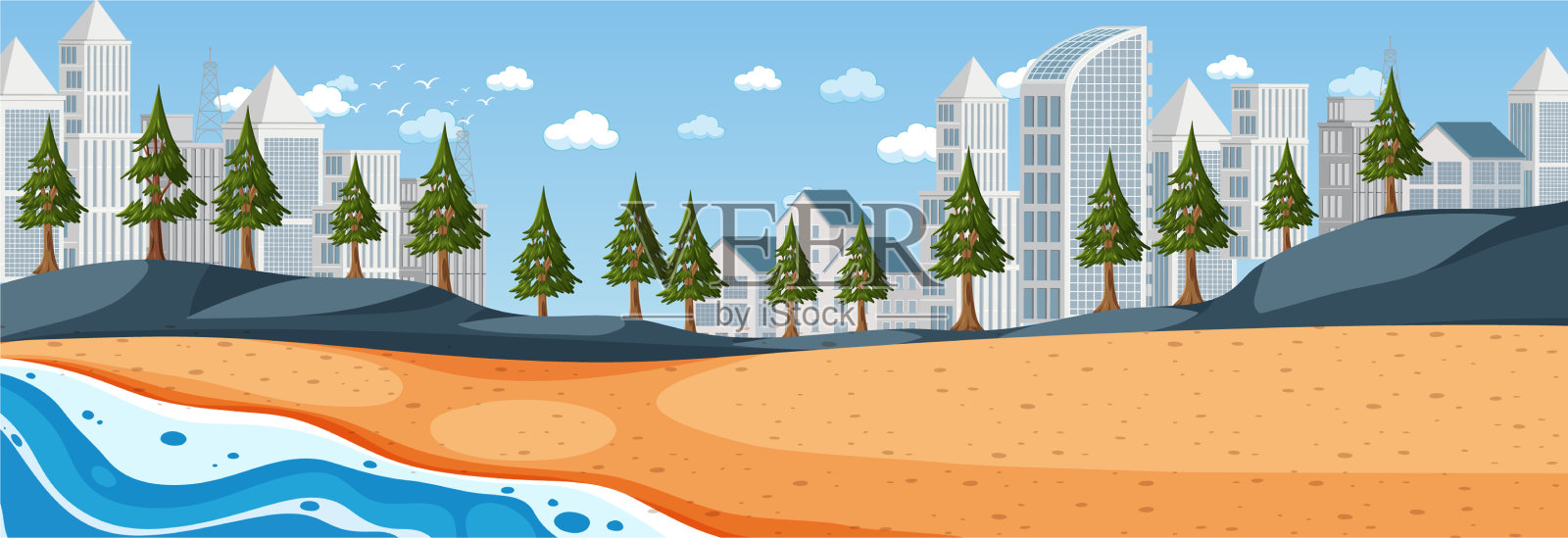 海滩的水平景色在白天与城市景观插画图片素材