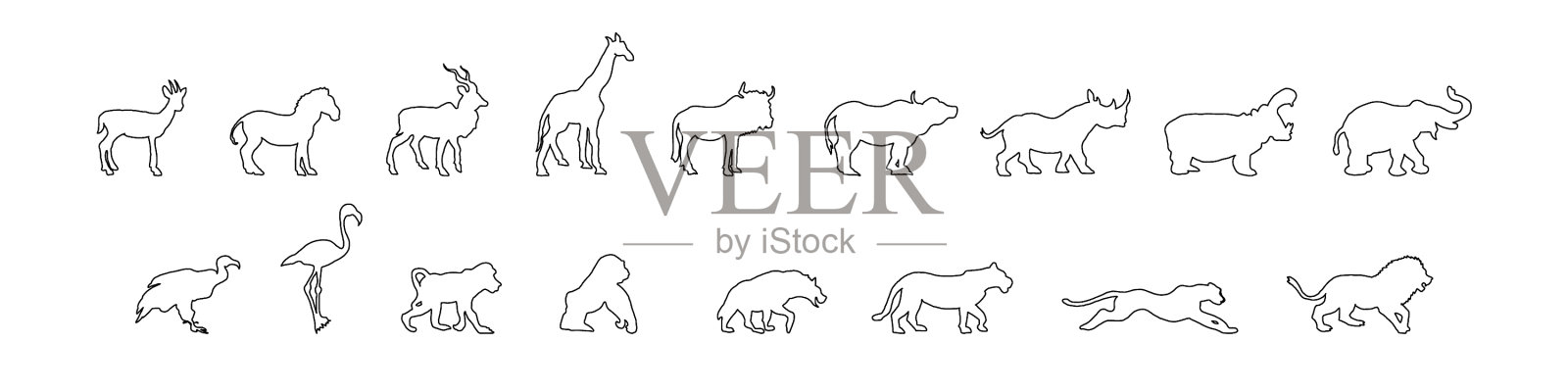 设置线条艺术剪影站立的非洲动物图标素材
