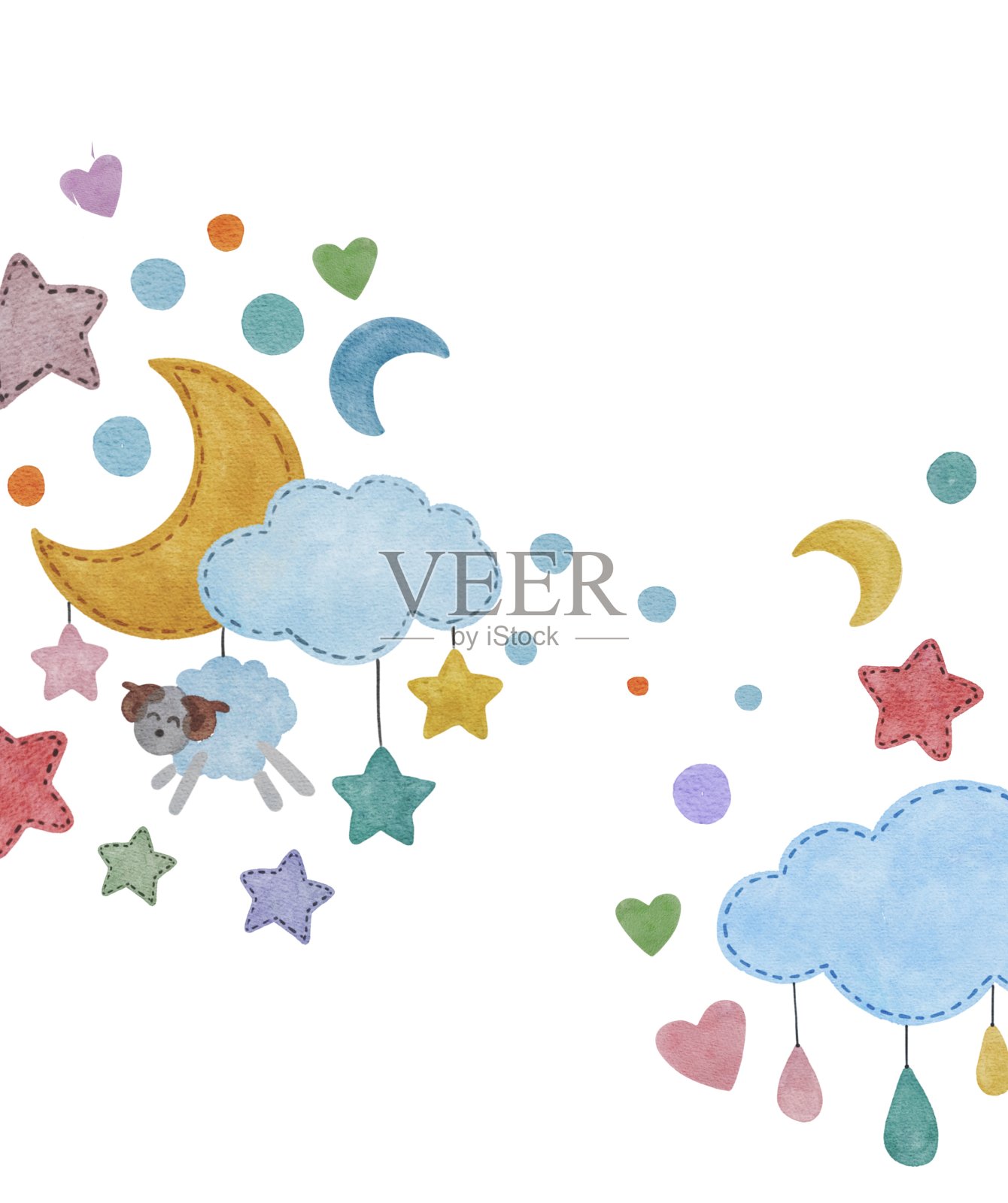 手绘水彩画可爱宝宝临摹空间卡有月亮、星星、羊、云、心。用于海报，印刷，明信片，卡片，邀请，背景，背景插画图片素材