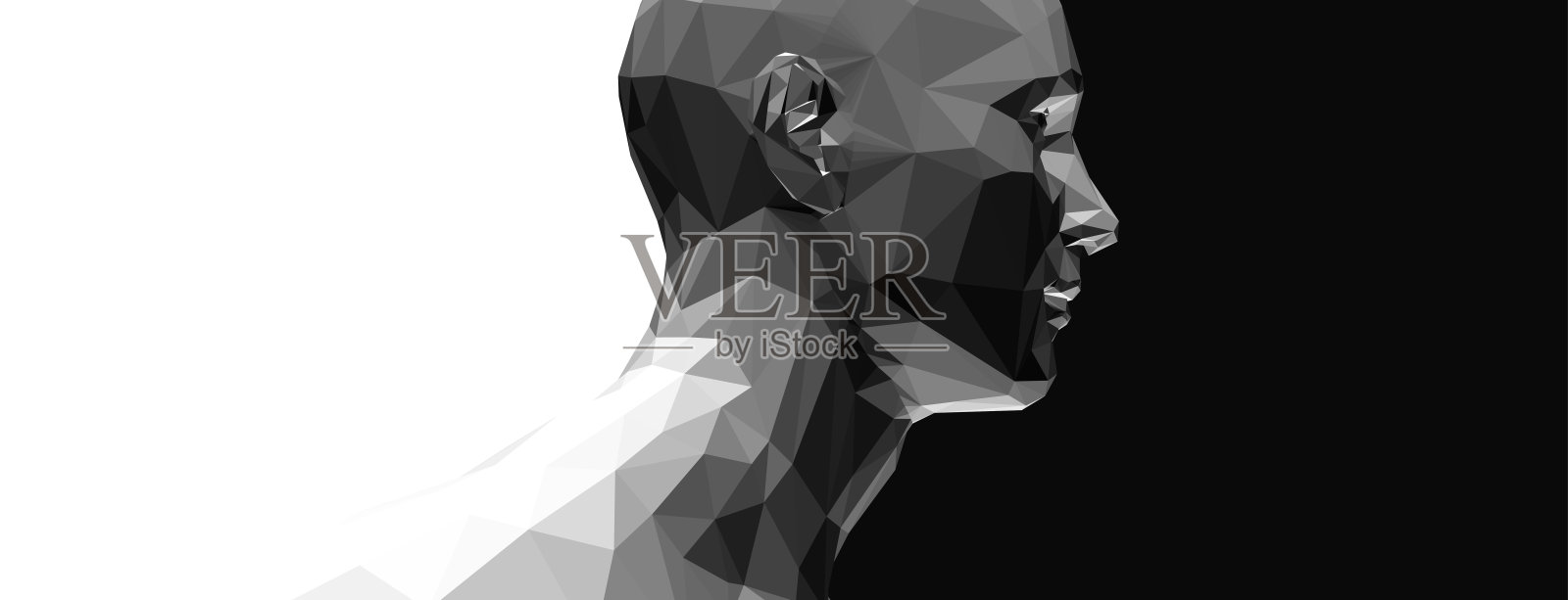 抽象的数字人头。正面的看法。时间去思考。稍微考虑一下。商业演示、传单或海报的极简设计。3 d矢量插图。插画图片素材