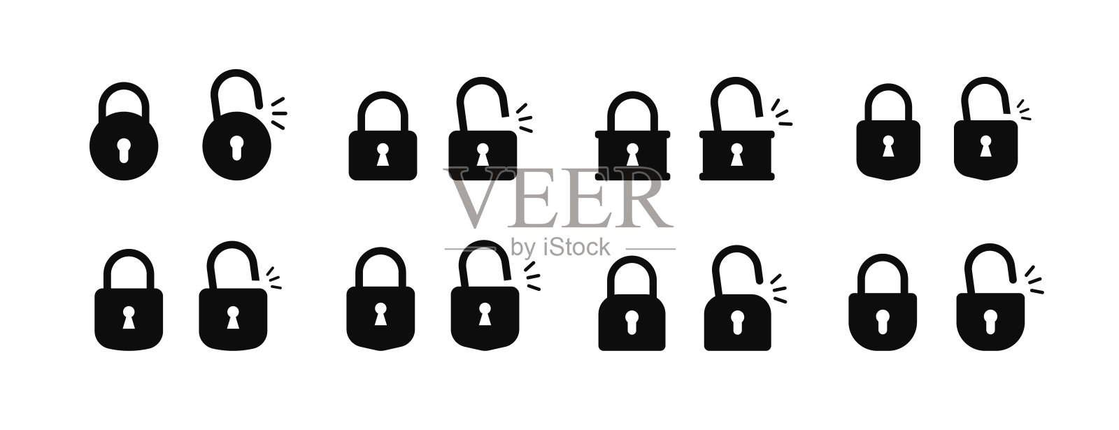 锁的图标集。白色背景上锁定和解锁锁定的黑色孤立图标。上锁和未上锁的城堡剪影。保护图标。平的风格。矢量图图标素材