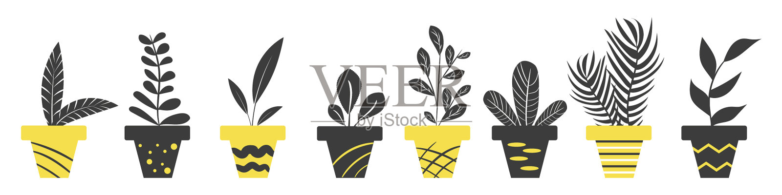 一套不同的盆栽与家庭植物黑色插画图片素材