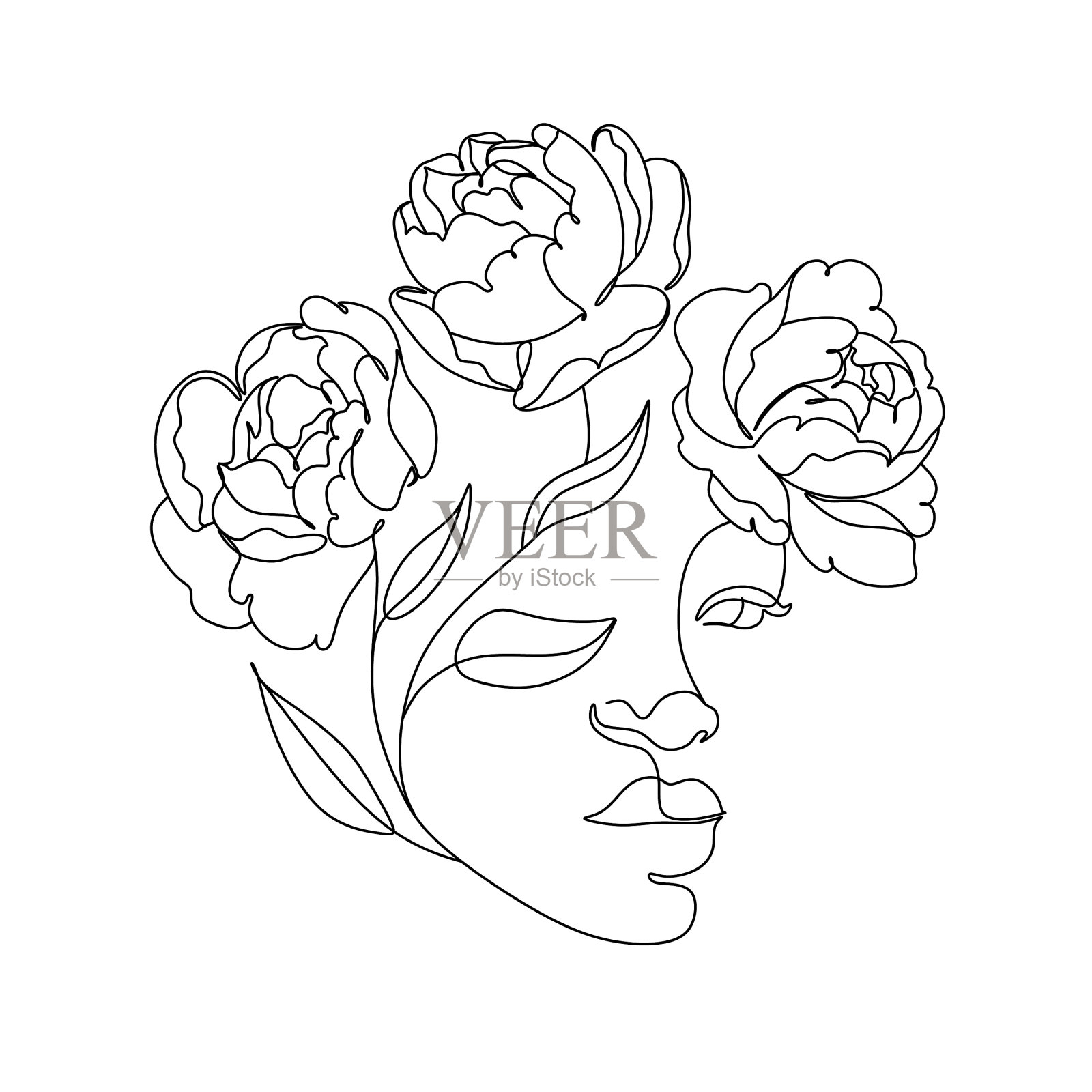 线条艺术女人用花头花线插画图片素材