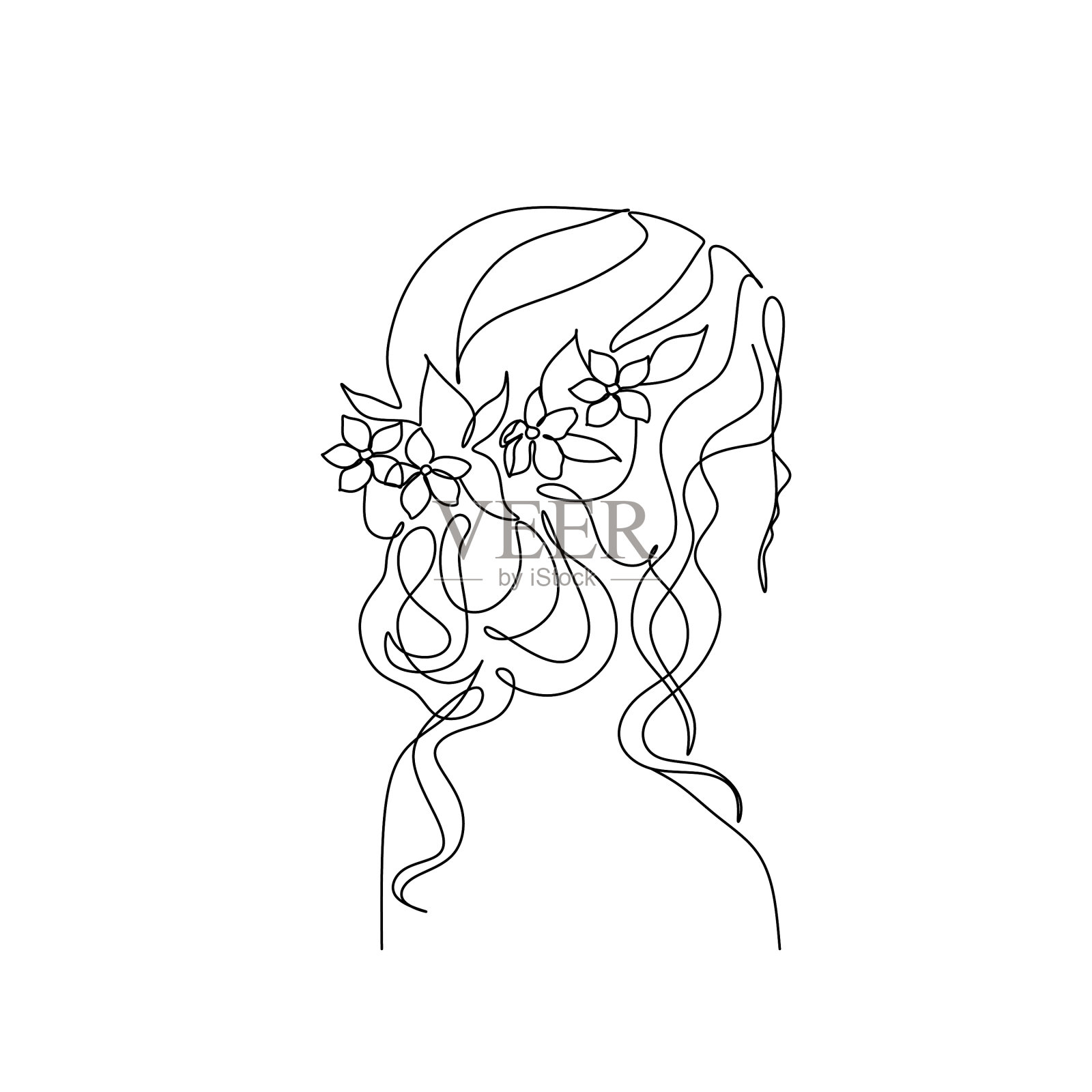 线条艺术女人用花头花线插画图片素材