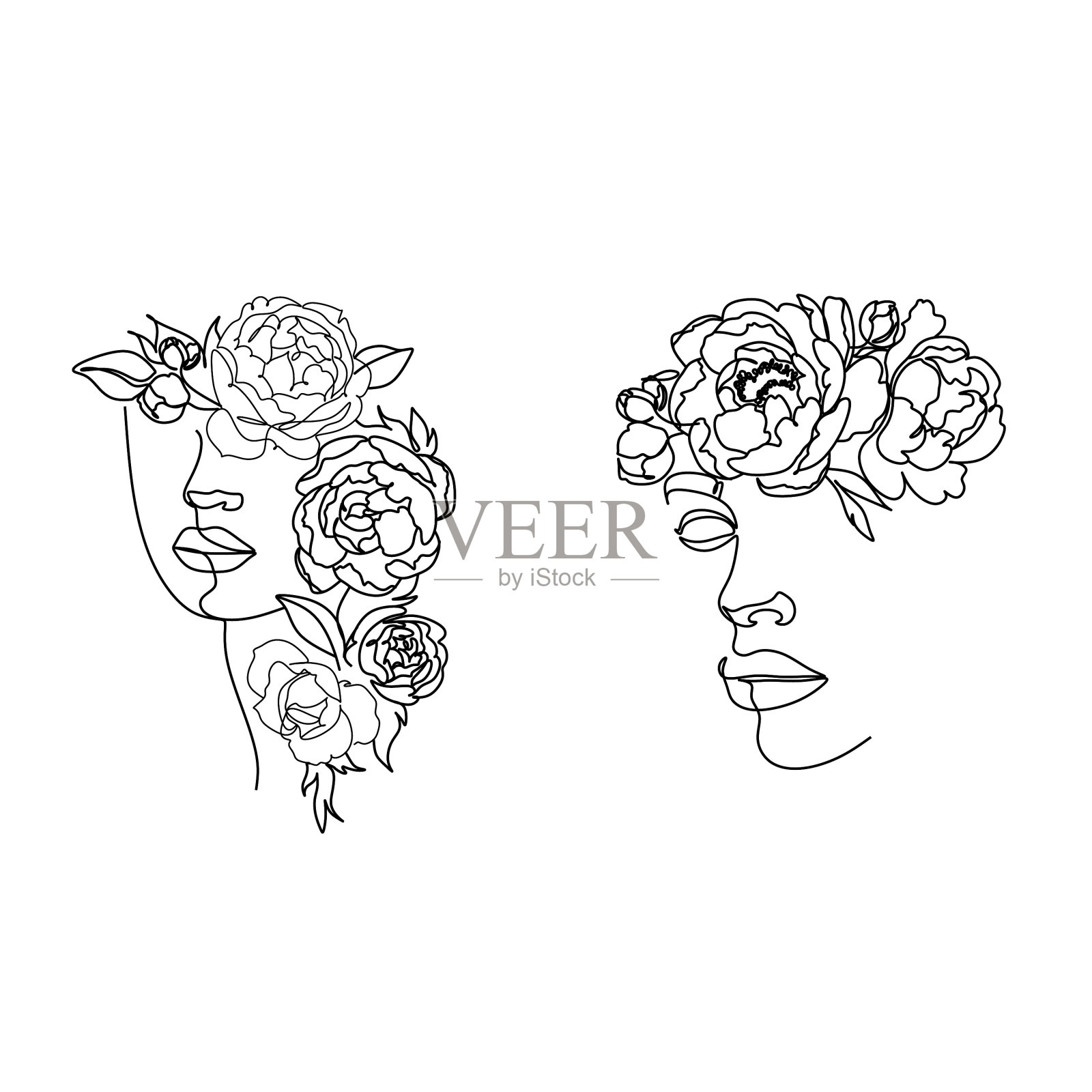 线条艺术女人用花头花线插画图片素材