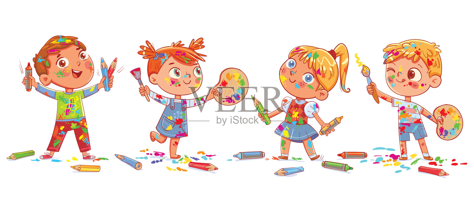 组里的孩子们手里拿着调色板插画图片素材