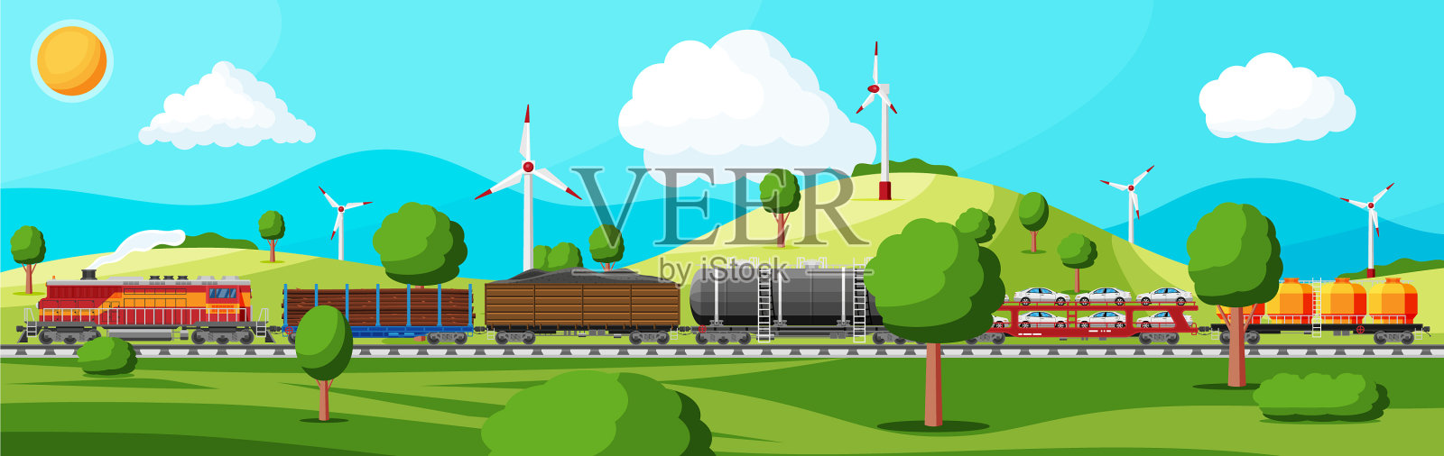 铁路货运自然景观插画图片素材