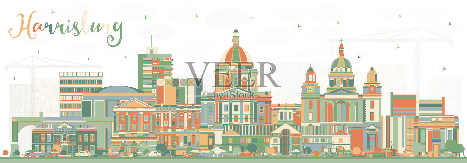 哈里斯堡是宾夕法尼亚城市的天际线插画图片素材