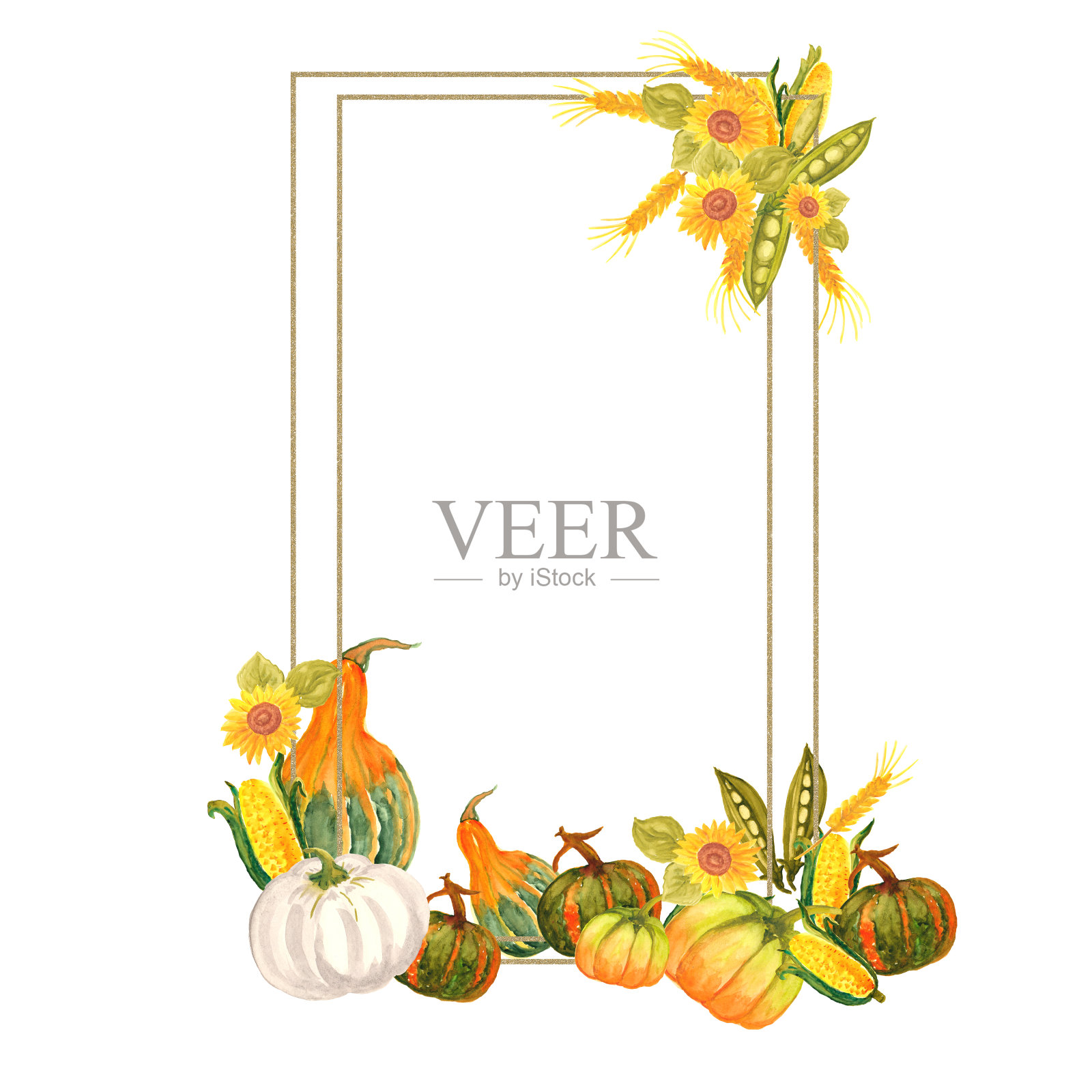 水彩画框架，南瓜，黄色的叶子。秋天的花环，金色的，橙色的叶子。明信片的设计。婚礼设计，秋季手绘手工。插画图片素材