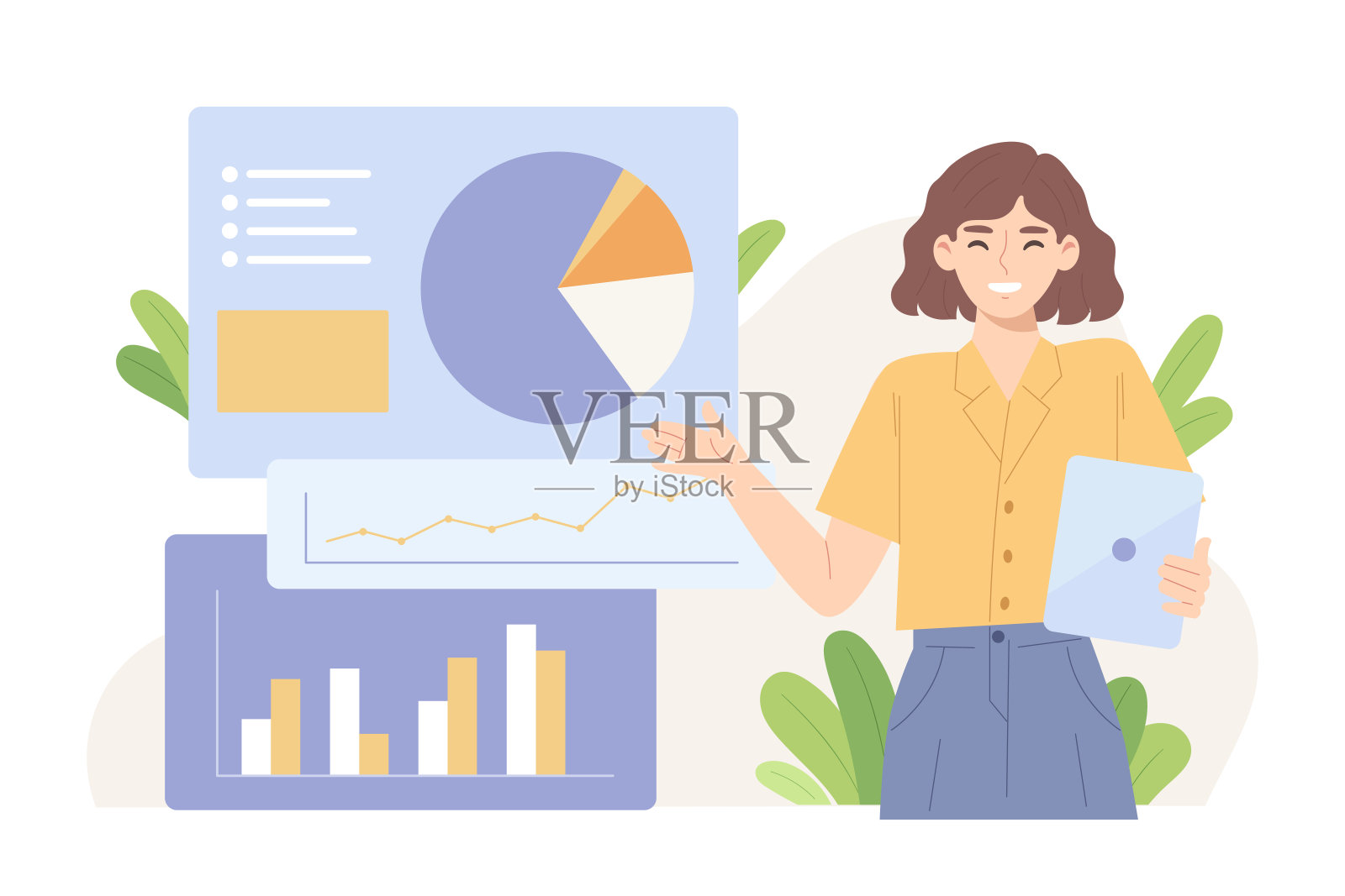 一位年轻的成年妇女正在展示业务营业额或业务利润图表。插画图片素材