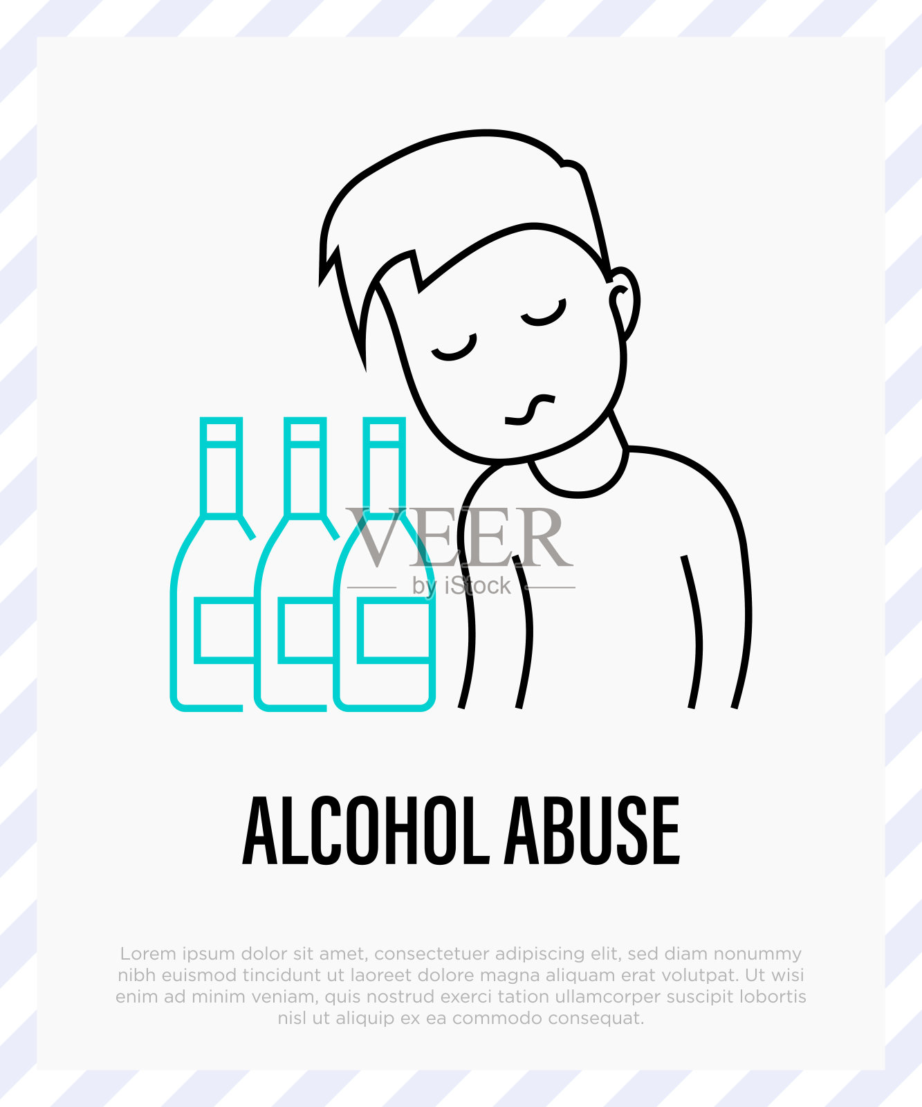 酗酒：沮丧的男人和酒瓶。细线图标。酒精中毒。矢量图。插画图片素材