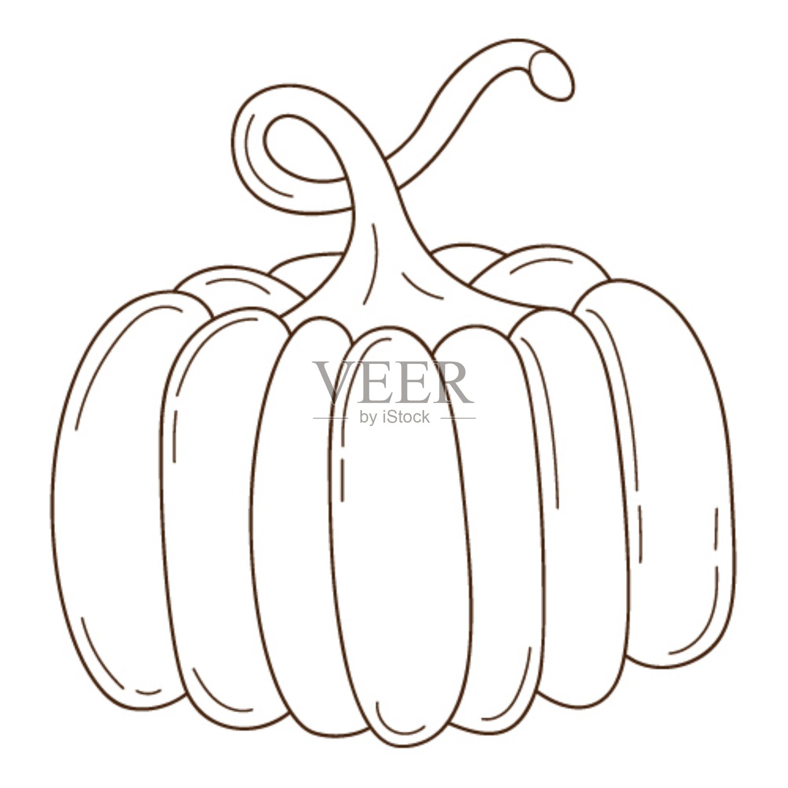 一个完整的橙色南瓜。象征着秋天，收获。设计元素与大纲。手绘涂鸦。蔬菜、瓜类植物。黑白矢量插图。孤立在白色背景上。插画图片素材