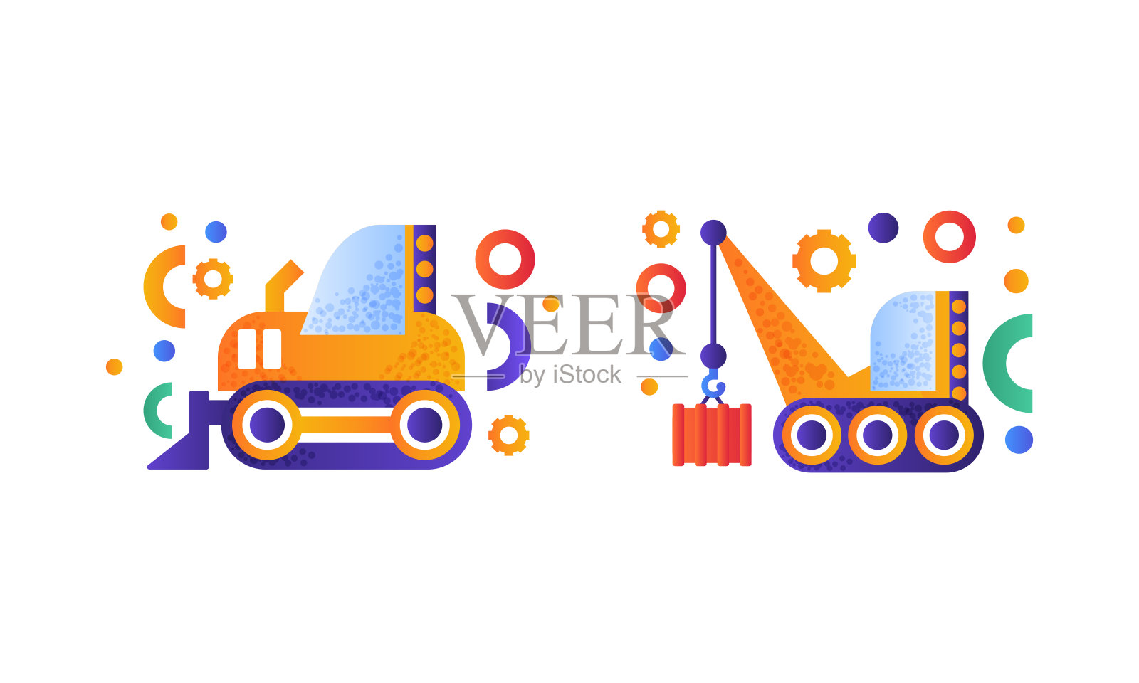 重型工业机械组，液压履带式起重机，推土机平面矢量插图插画图片素材