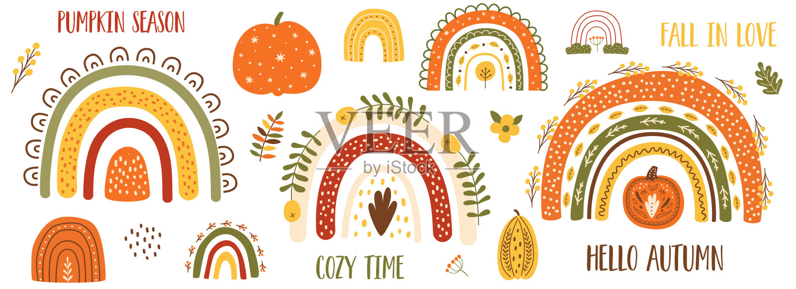 秋天南瓜夹艺术，秋天彩虹集。感恩节南瓜，秋天的花卉元素，可爱的拱门插画图片素材