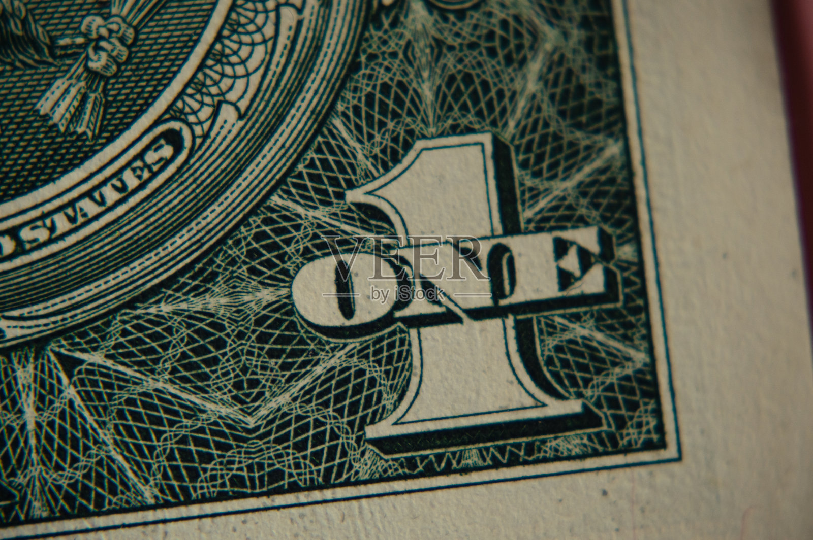 一美元钞票上的一美元符号，宏观照片摄影图片