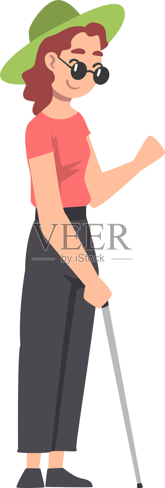 戴眼镜拄拐杖的盲人女孩卡通设计元素图片