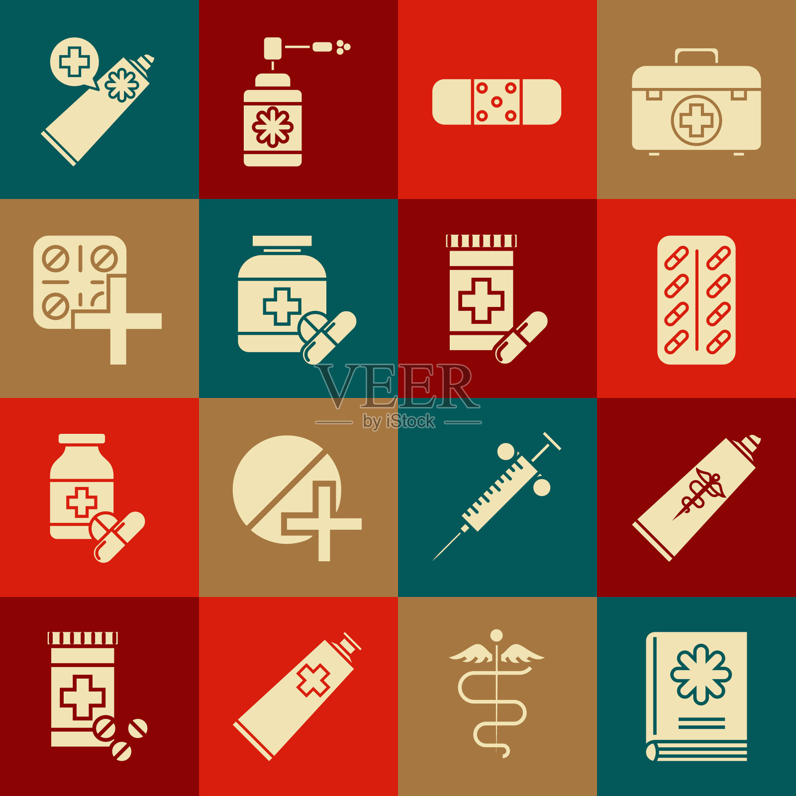 集医药书，药膏霜管药，药丸泡包，绷带石膏，药瓶药丸，和图标。向量插画图片素材