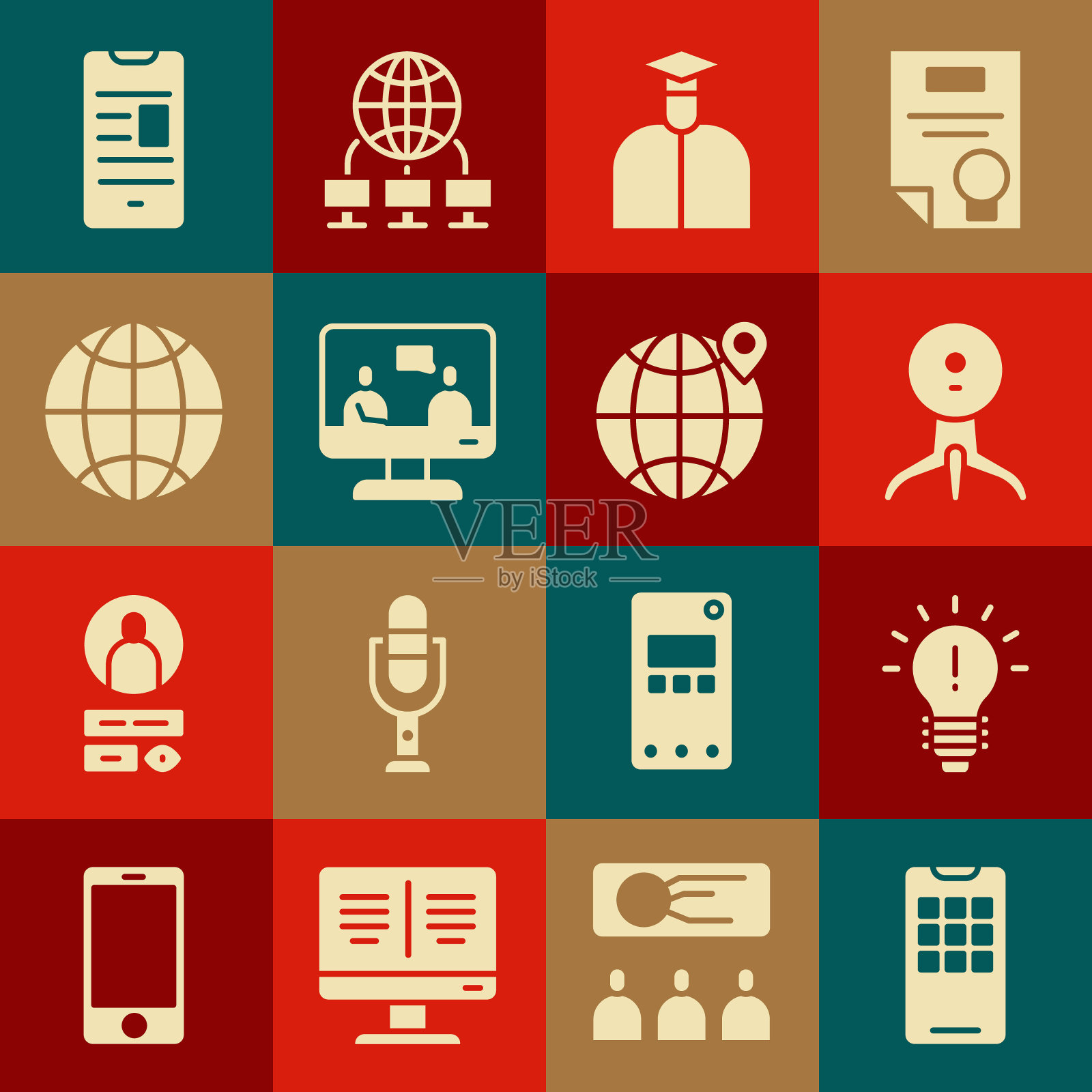 设置手机，灯泡的概念，网络摄像头，学生，在线教育，社交网络，图书移动和定位全球图标。向量图标素材