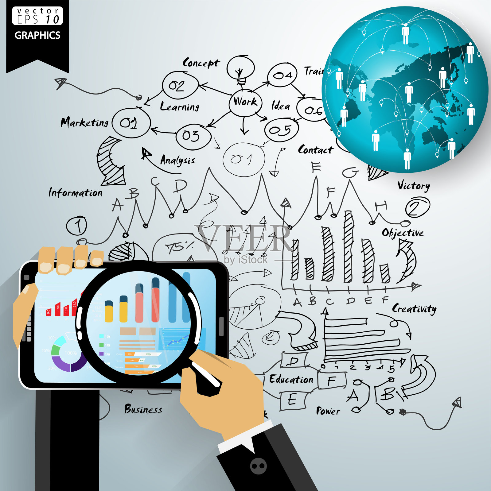 技术联系沟通。观念和概念使人产生创造力。为了成功，计划，思考，搜索，分析，沟通，未来的想法，创新的技术现代。插画图片素材