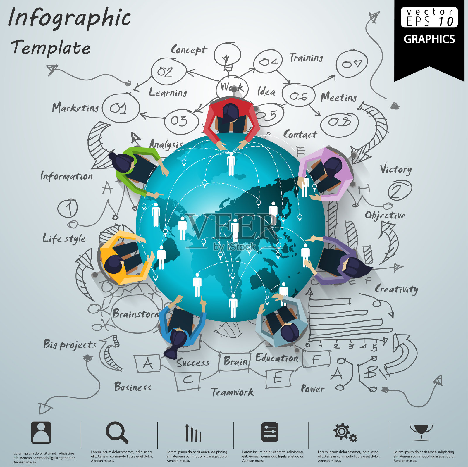 插画业务。设计创意和概念思维。为了成功，计划，思考，搜索，分析，沟通，未来的想法，创新的技术现代。插画图片素材