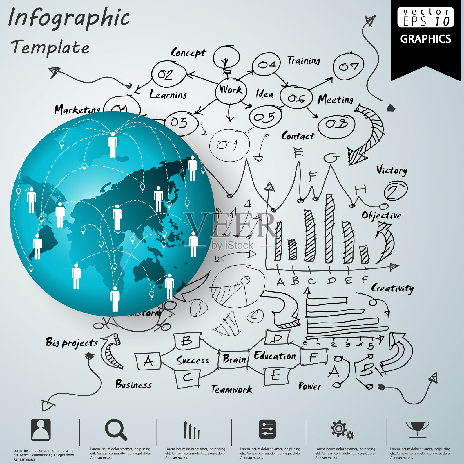 插画业务。设计创意和概念思维。为了成功，计划，思考，搜索，分析，沟通，未来的想法，创新的技术现代。插画图片素材