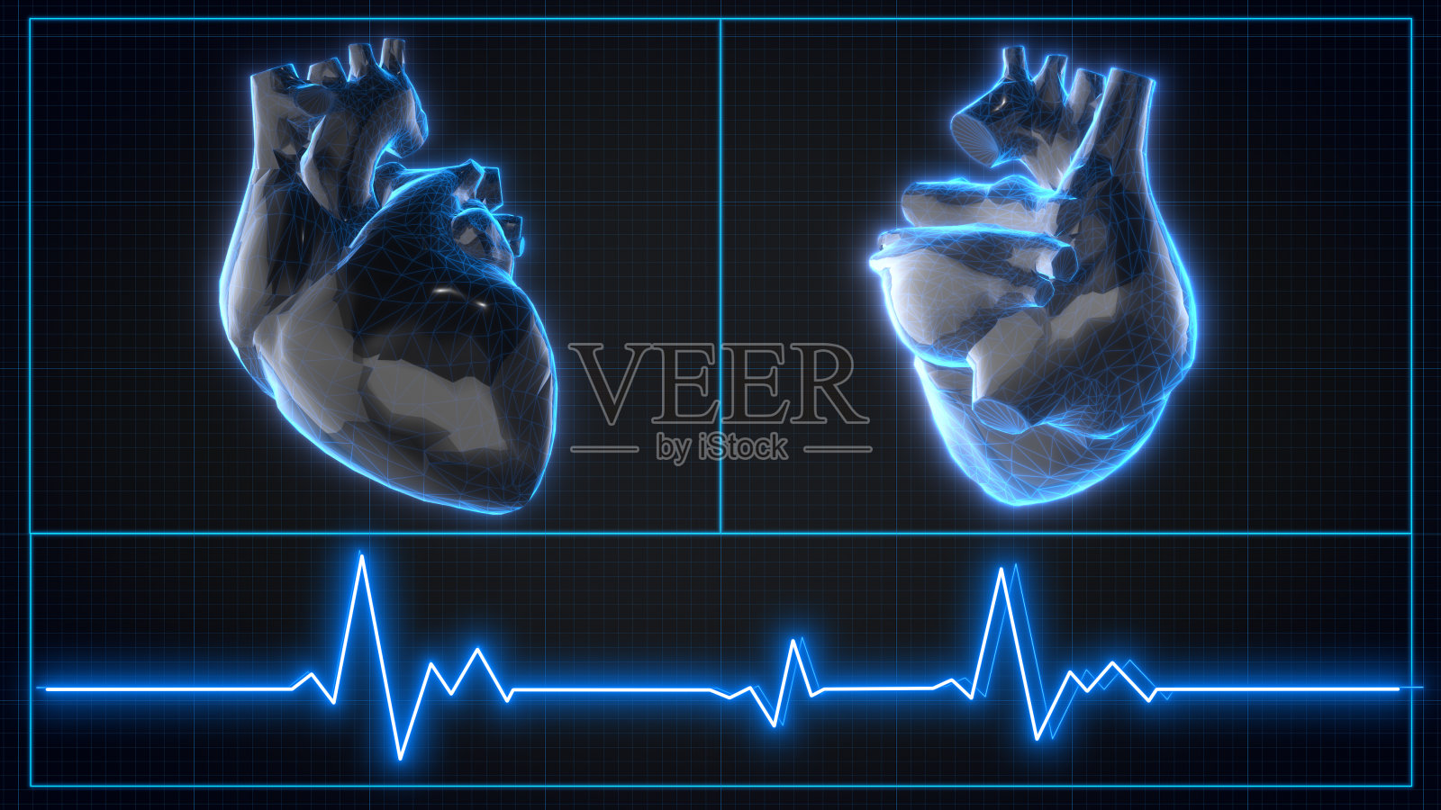 医疗未来的全息图。具有未来界面的心脏解剖。医院的研究。照片摄影图片