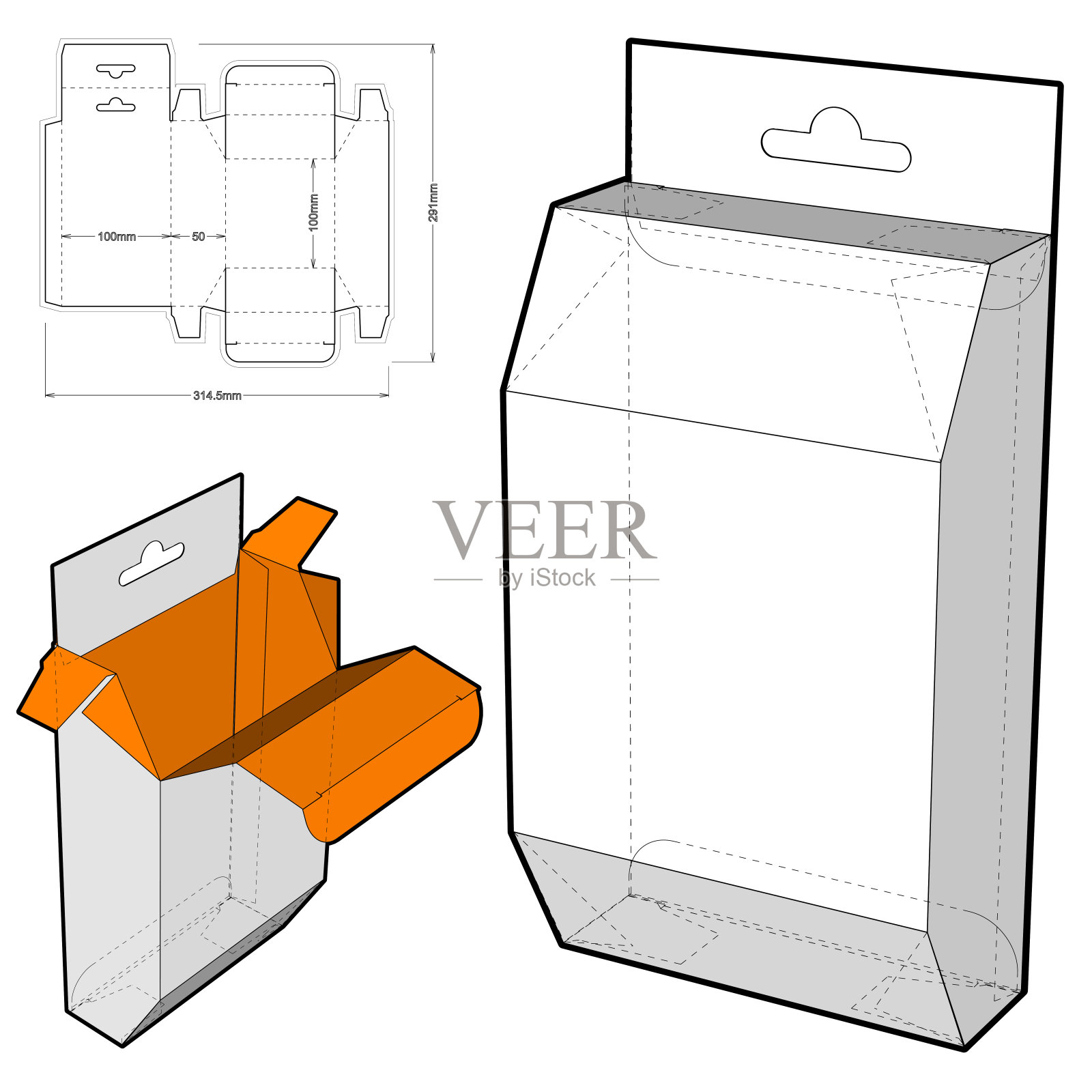 盒架子衣架孔和模切模式。.eps文件是完整的，功能齐全。为真正的纸板生产准备。插画图片素材