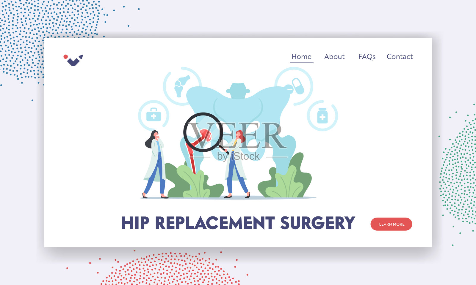 髋关节置换手术，关节置换术登陆页模板。微型医生角色与放大镜在巨大的骨盆骨插画图片素材