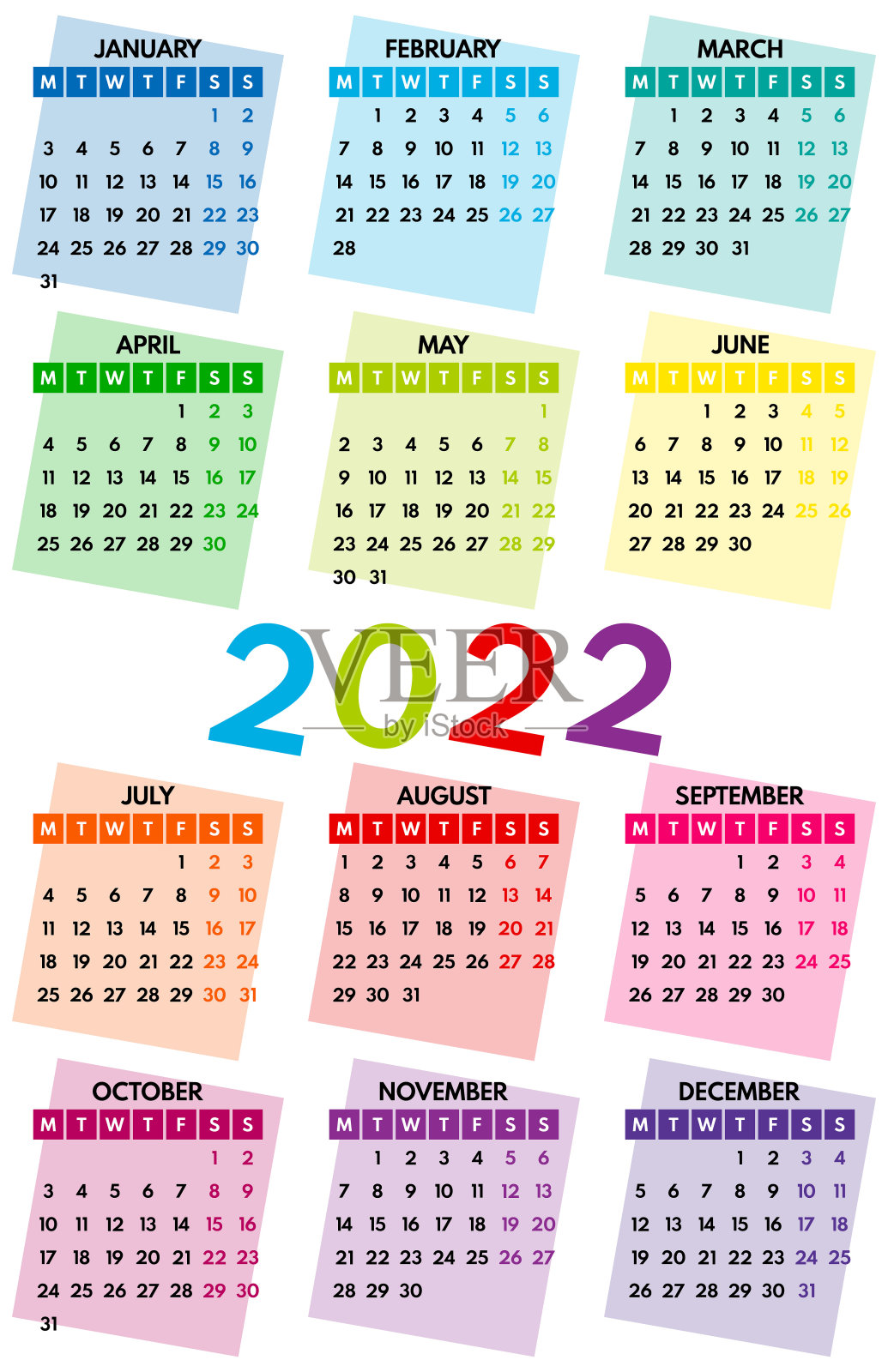 2022袖珍日历，第一天星期一，两个周末，彩色的白色背景，垂直布局，矢量插图设计模板素材