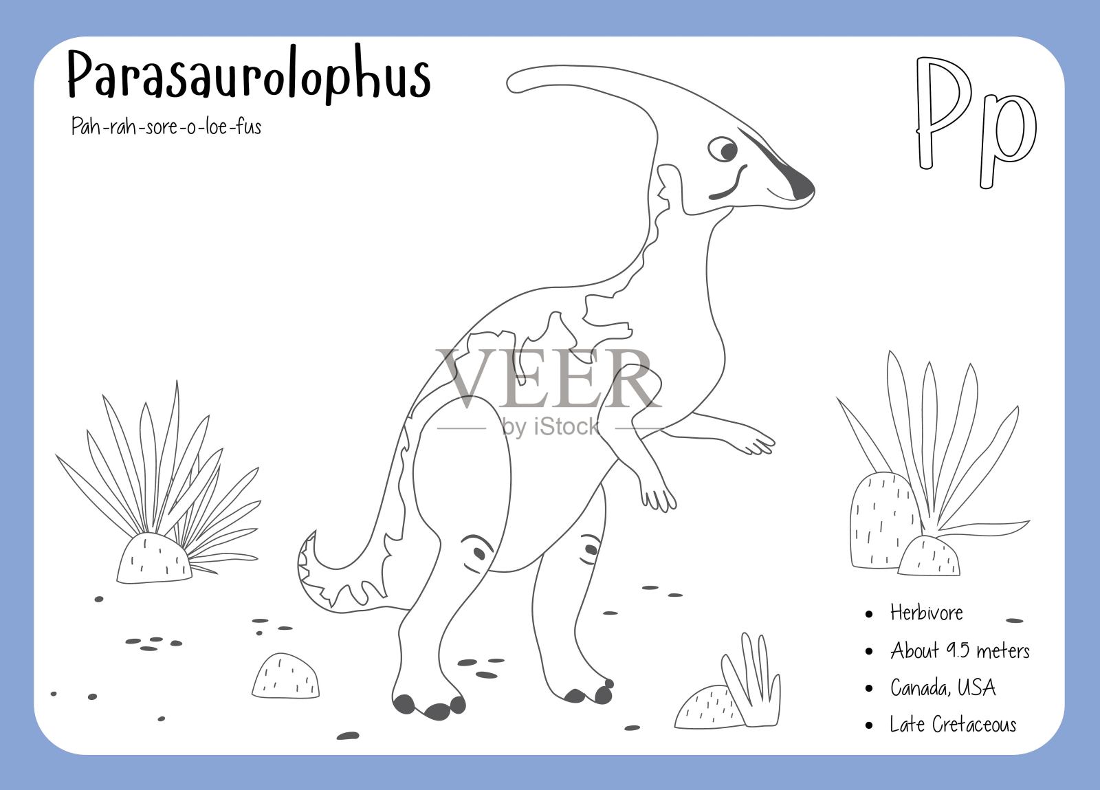 有恐龙和字母的彩色卡片。恐龙卡。与英文字母对应的恐龙名字。可爱的彩色矢量插图。食草动物。恐龙素食。Parasaurolophus插画图片素材