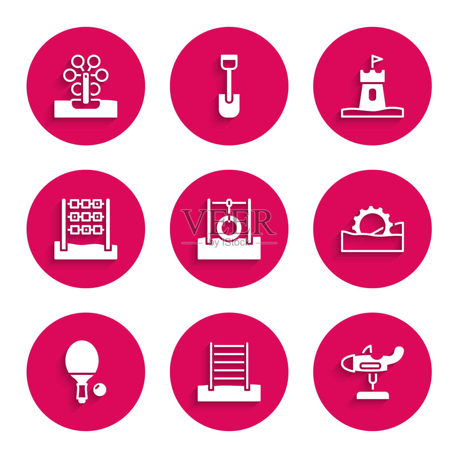 汽车轮胎挂绳，瑞典墙，秋千飞机，摩天轮，球拍和球，井字游戏，沙塔和图标。向量图标素材