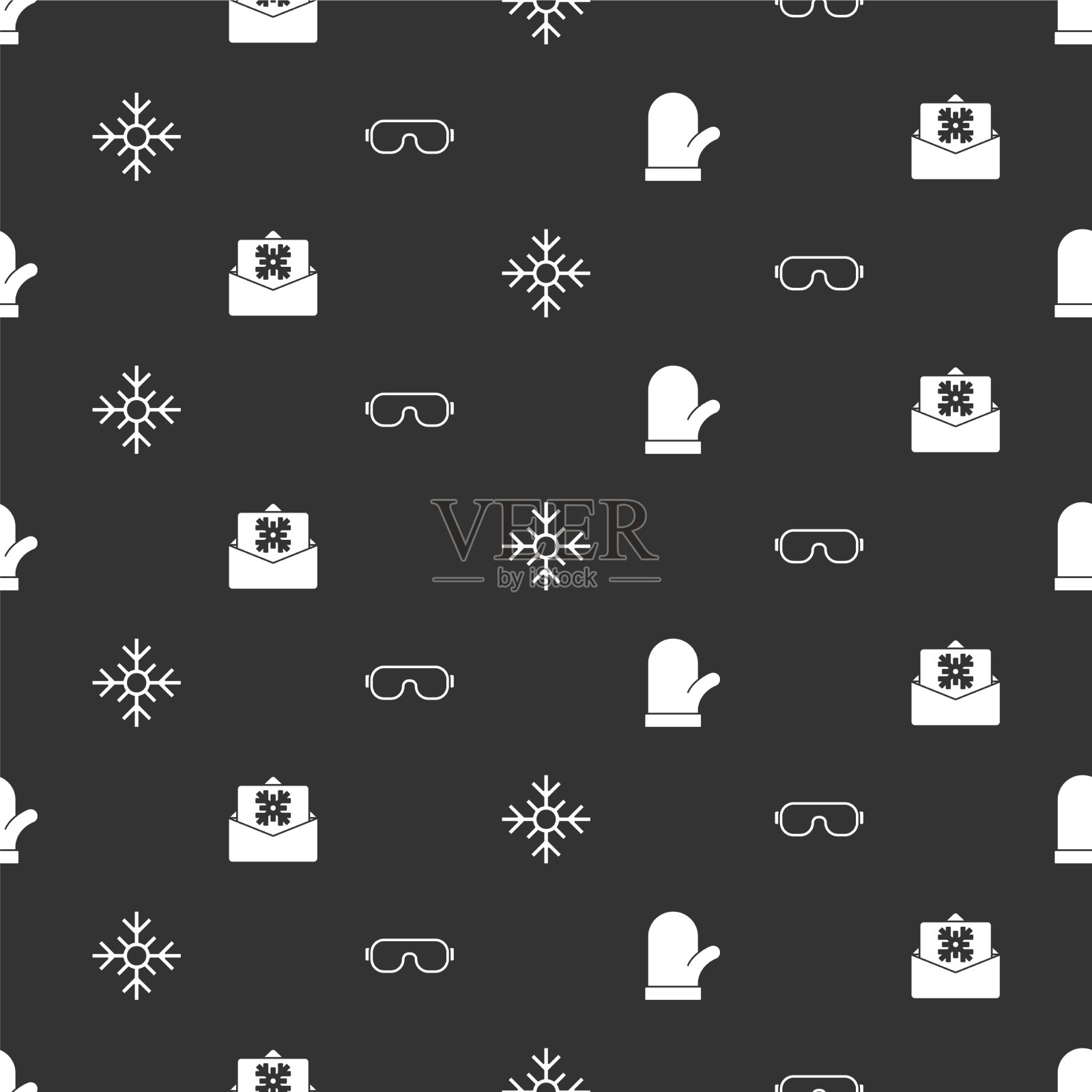 设置圣诞手套明信片雪花和滑雪图标素材