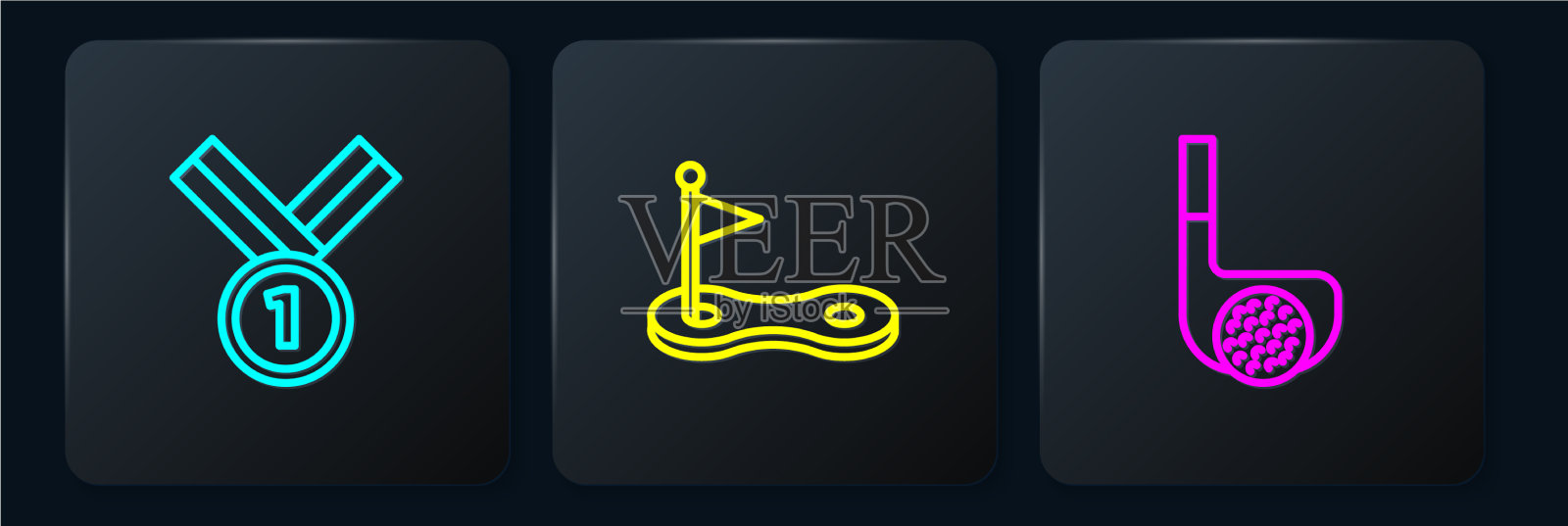 高尔夫球棒与球洞的设置线图标素材