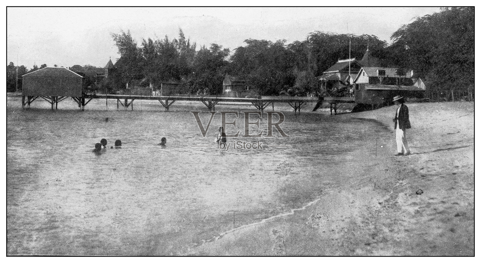 古色古香的黑白照片:在夏威夷卡波拉尼公园附近洗澡照片摄影图片