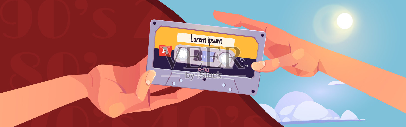 复古混音带卡通旗帜与人的手插画图片素材