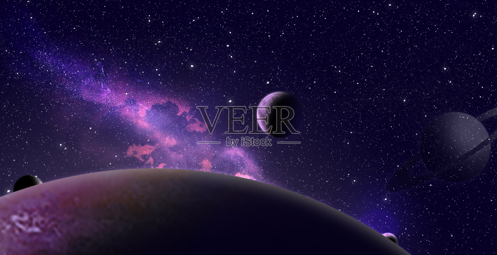 令人惊奇的星系插图与恒星和行星，旗帜设计。幻想世界照片摄影图片