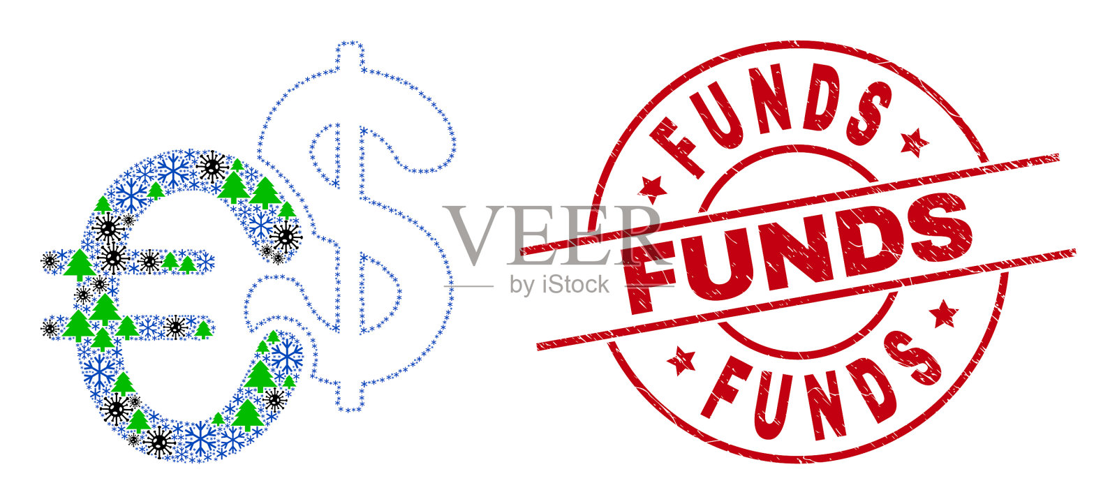 基金遇险印章和货币马赛克的插画图片素材