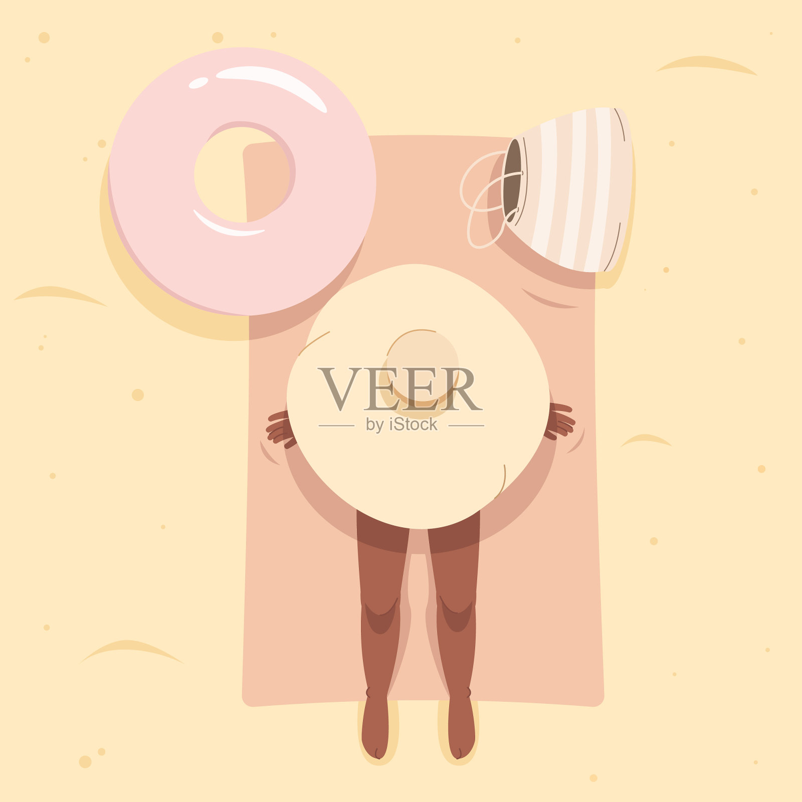 非洲裔美国妇女戴着大黄帽子在沙滩上晒太阳。插画图片素材