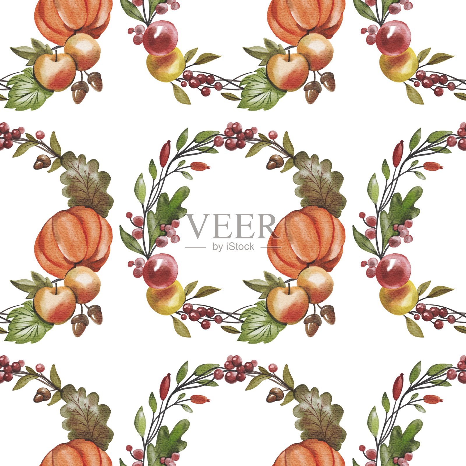 手绘水彩无缝模式背景与感恩秋天花环孤立在白色背景。用于海报，印刷，卡片，传单，织物，纺织品，模板，设计，旗帜插画图片素材