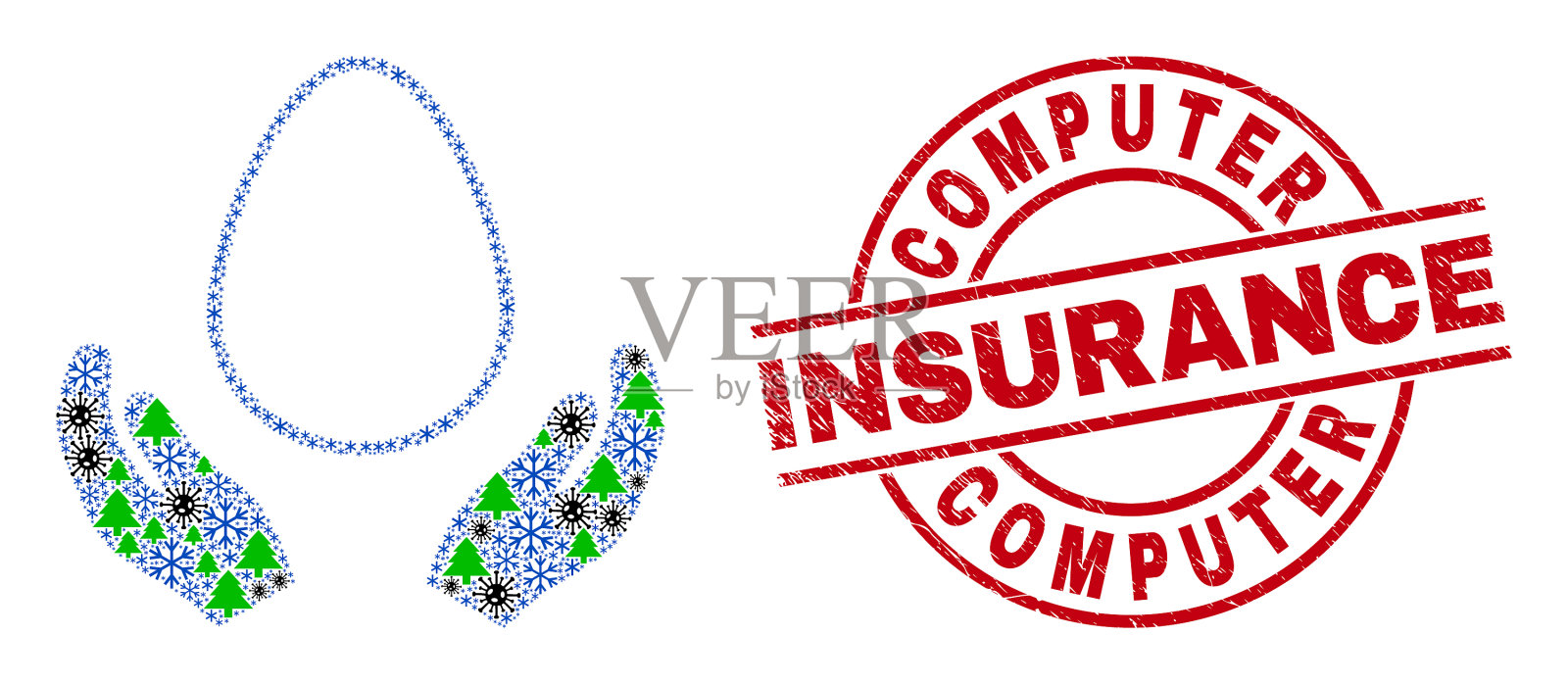 电脑保险垃圾印章和鸡蛋护理插画图片素材